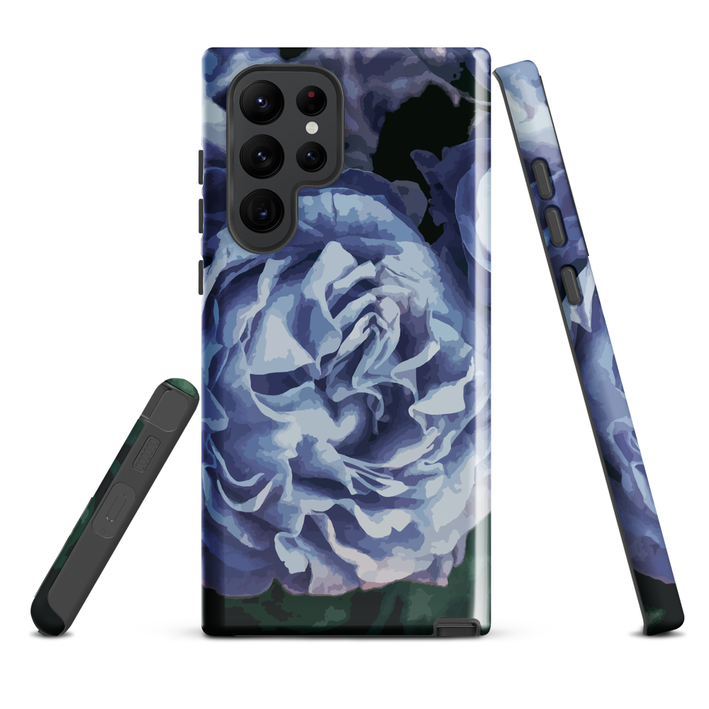 Designer phone case with a bold blue rose artwork and glossy finish.