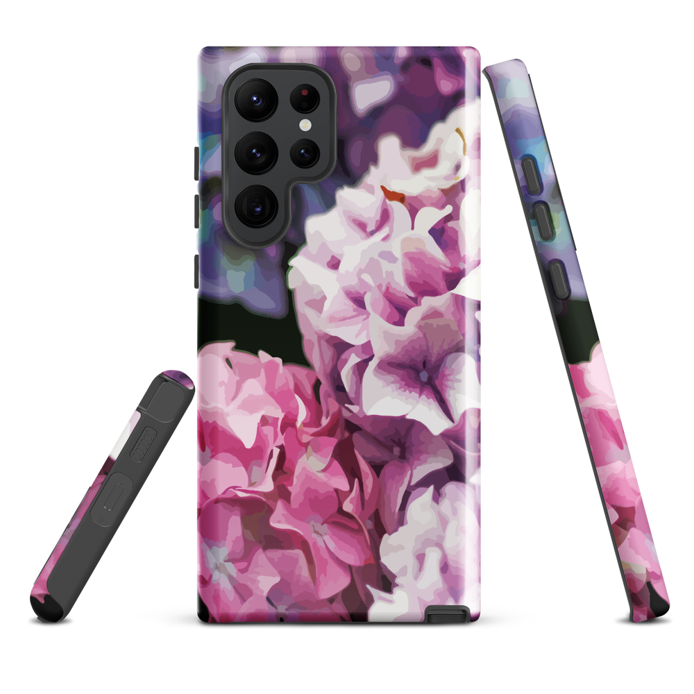 Designer phone case with pink and purple hydrangea floral artwork.