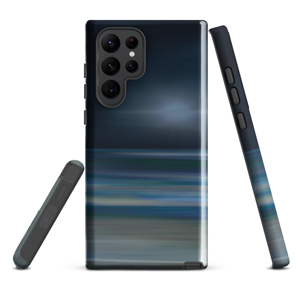 Dark abstract phone case with blue and grey streaks and glossy finish.