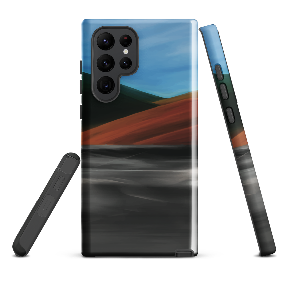 Phone case with abstract red, green, and blue heat wave landscape design.