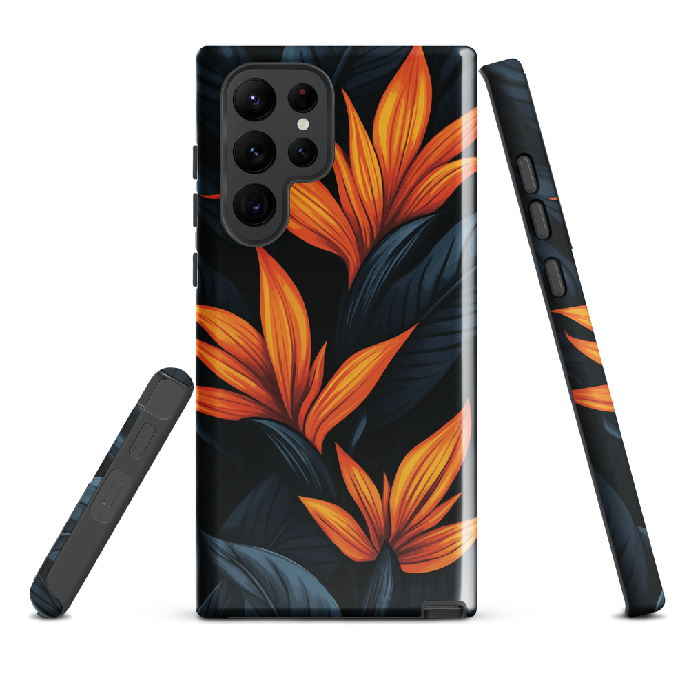 Phone case with bold orange bird of paradise flowers on dark background.