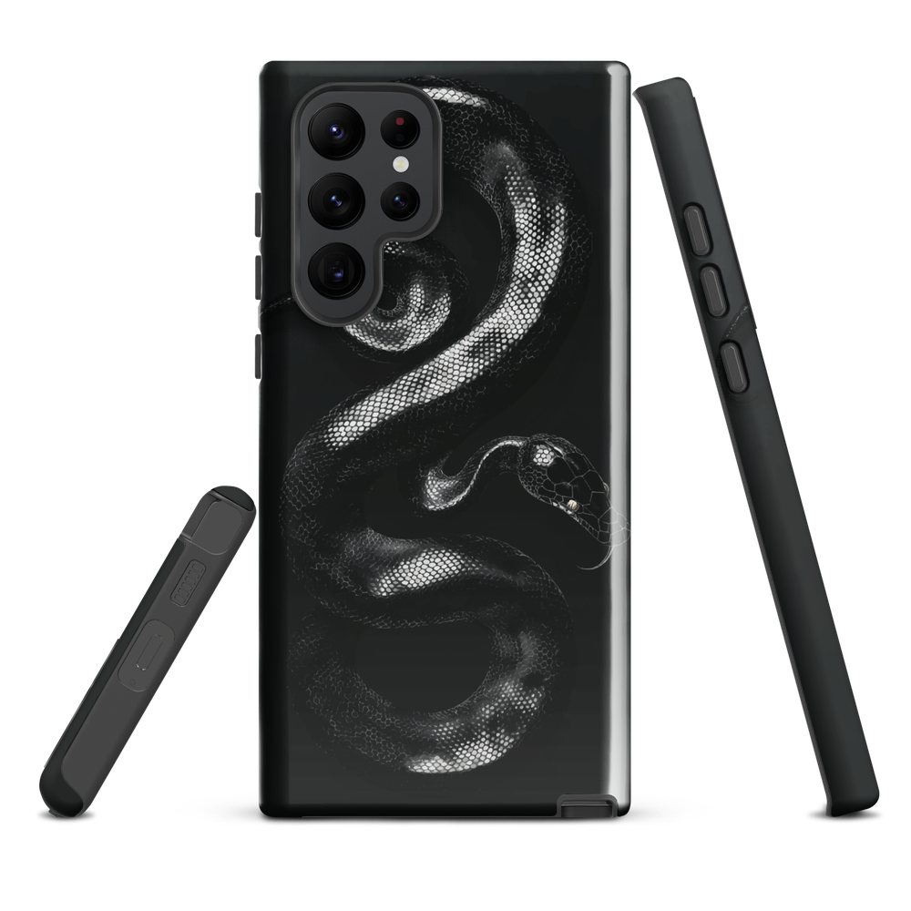 Phone case with detailed black python design on dark background.