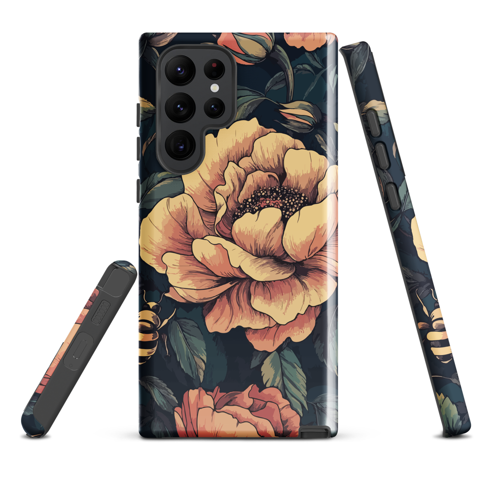 Phone case with vintage-style pink roses and bees on dark background, floral New Zealand artwork.