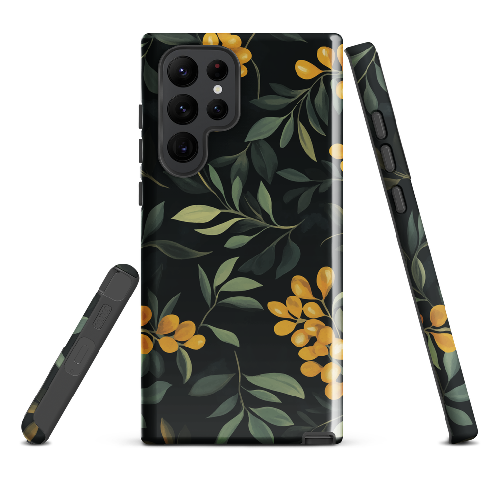NZ Kowhai phone case with native yellow floral and green leaves on black background by designer Ben Hart.