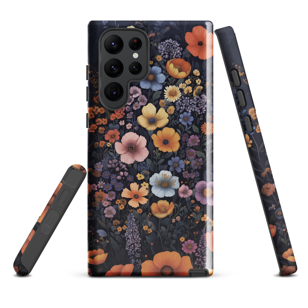 Phone case with colourful wildflowers on dark background, floral art design