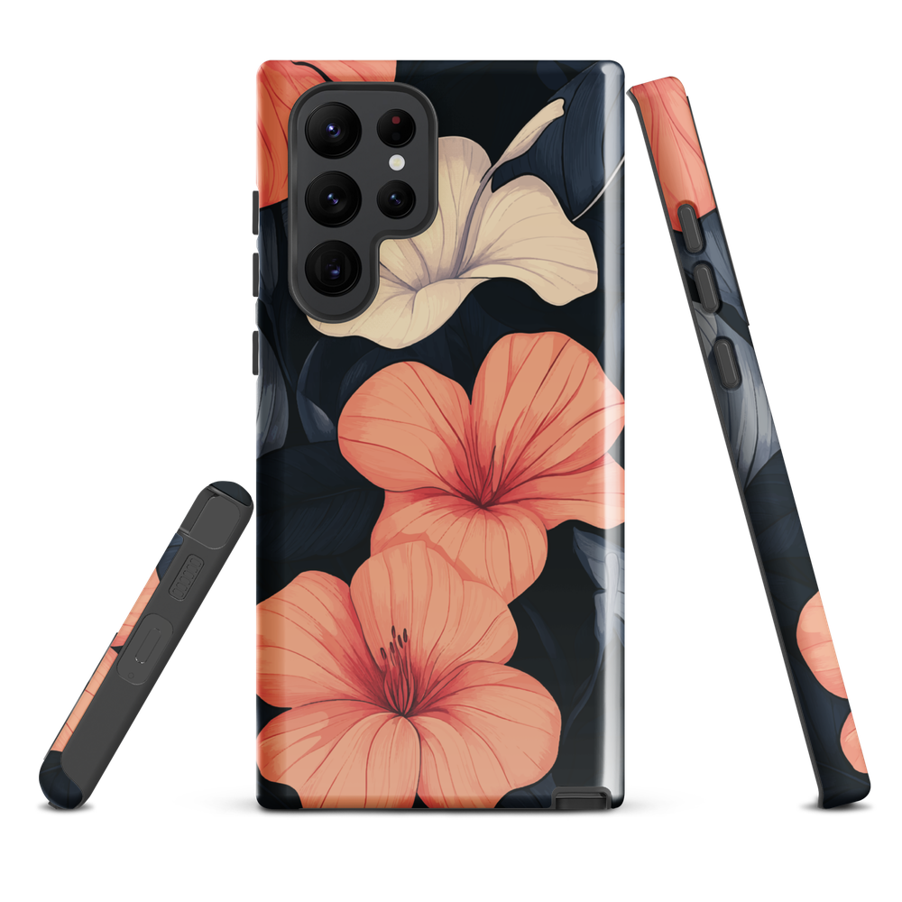 Phone case with coral hibiscus flowers and ivory blooms on dark background