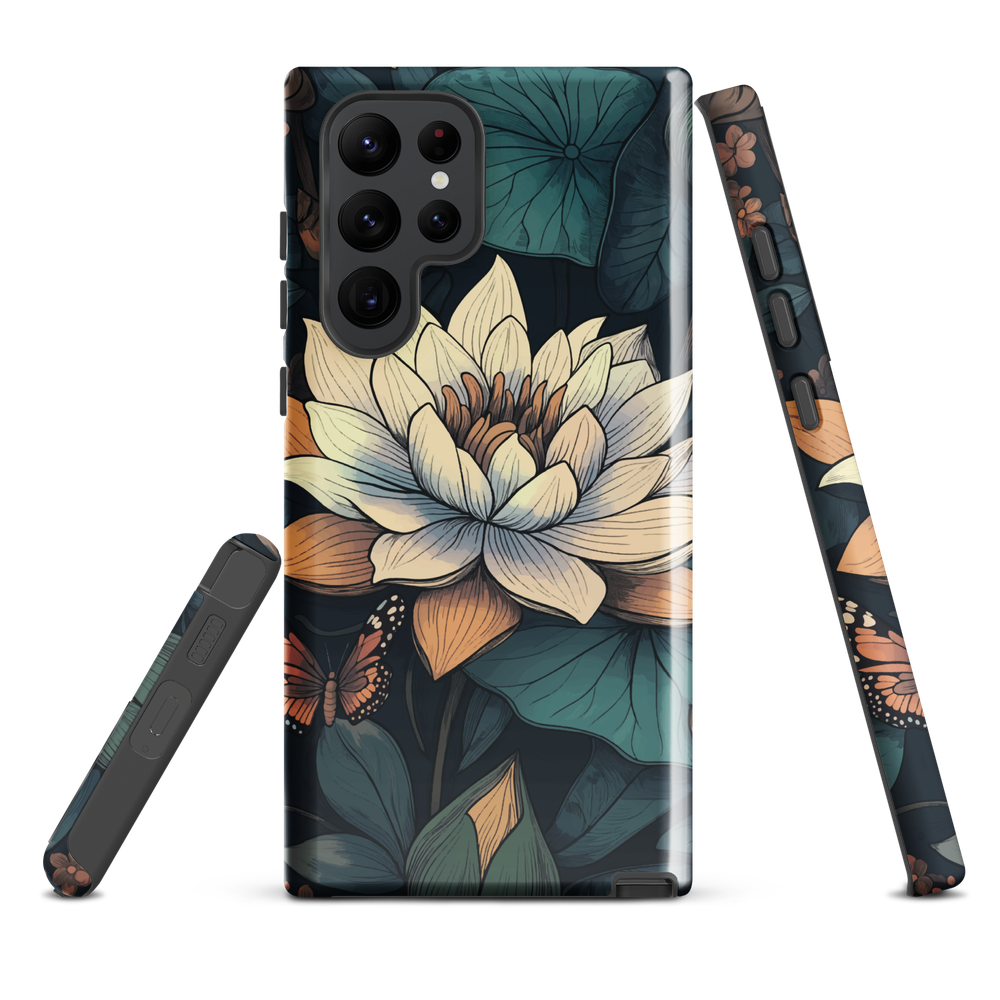 Phone case with ivory water lily, green leaves, and butterfly accents on dark background