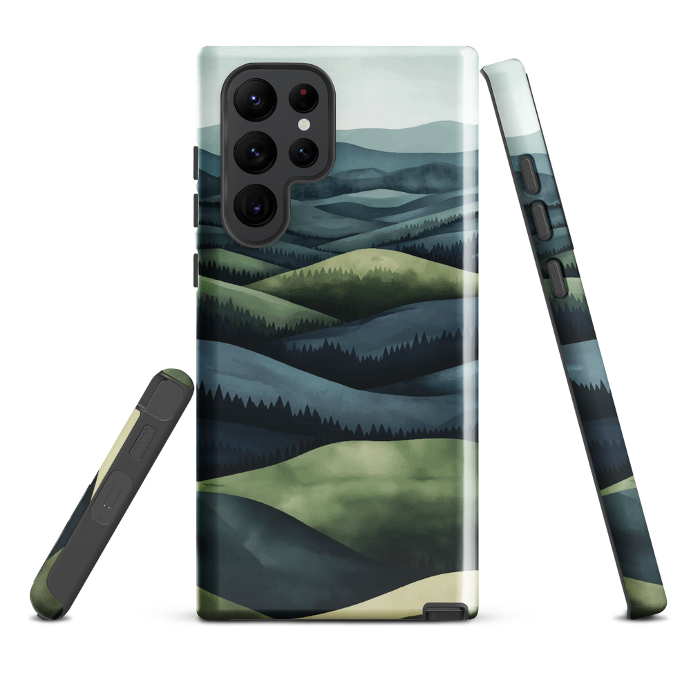 Phone case with layered mountain and forest landscape in blue and green hues