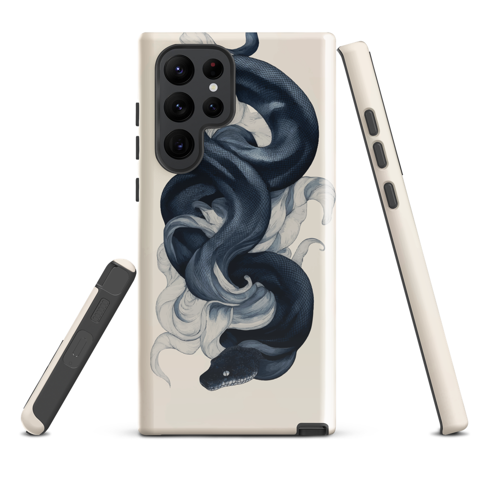 Phone case with black python and smoke design on cream background, serpent art by NZ artist Ben Hart.