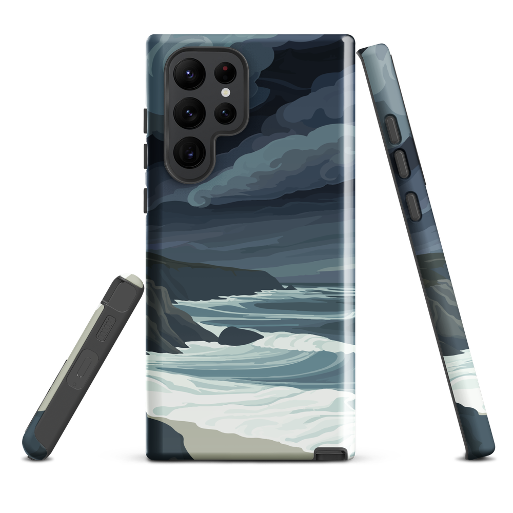 Phone case featuring moody Cape Kidnappers coastline with crashing waves and dark skies