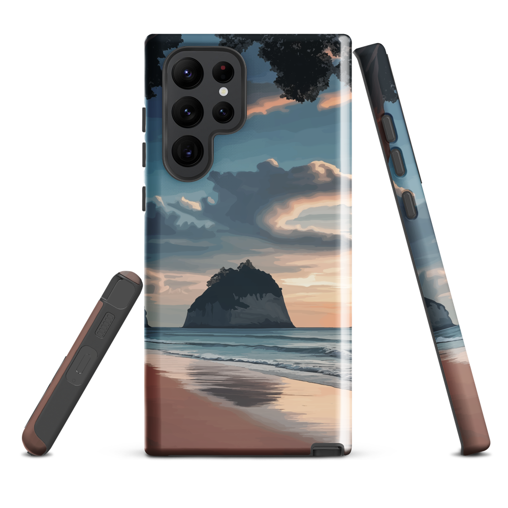 Phone case with Cathedral Cove beach and sunset scene, featuring soft skies and sea stack, by NZ artist Ben Hart.