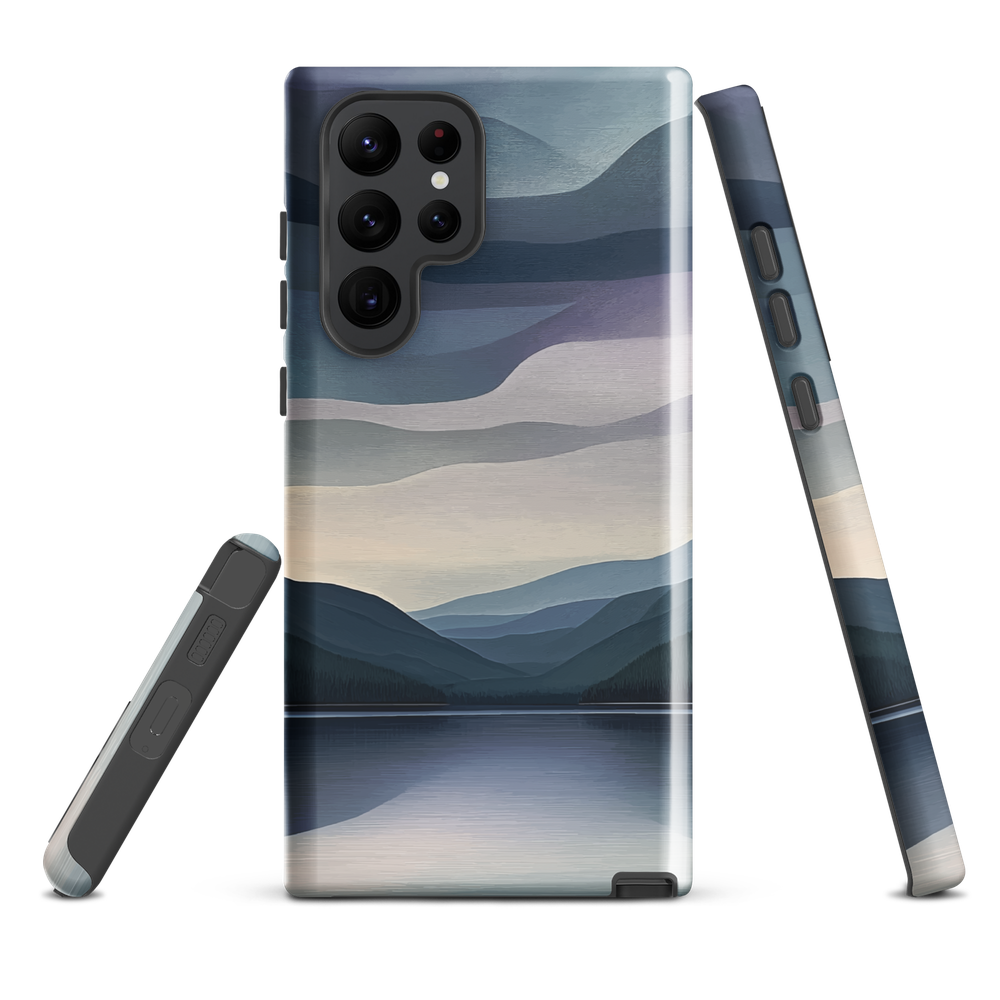 Phone case with moody blue and purple layered mountain and lake landscape artwork