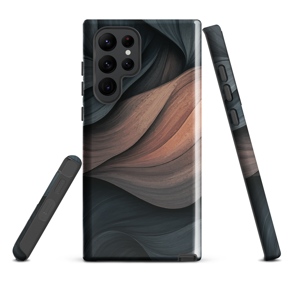 Phone case with flowing abstract design in black, copper and charcoal tones, inspired by dusk shadows