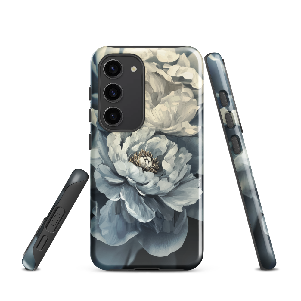 'Whisper' Samsung case features a stunning close-up of softly painted peony blooms in dreamy shades of ivory, grey, and smoky blue.