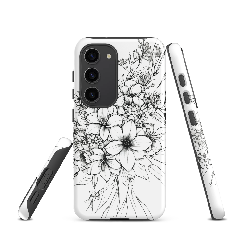 Black and white floral phone case with hand-drawn lilies and wildflowers