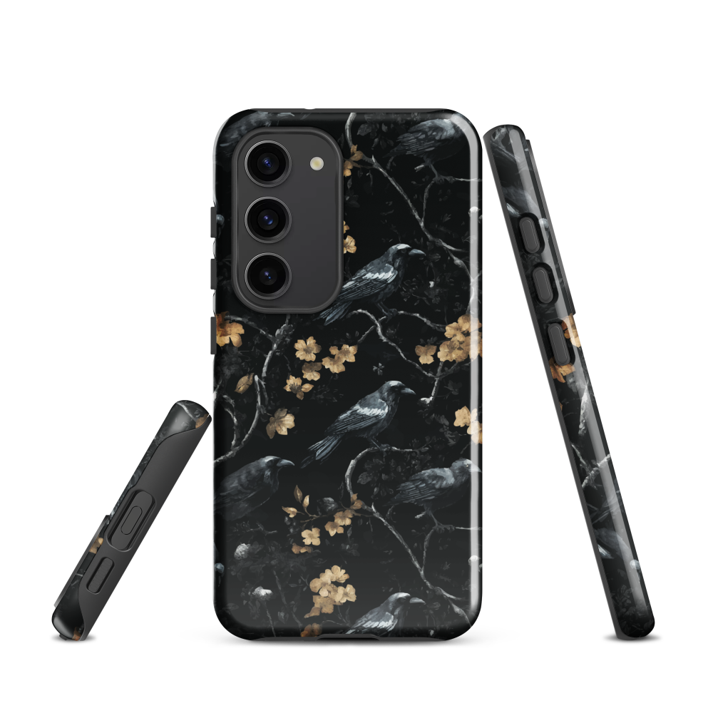 Dark phone case with blackbirds and gold blossoms on black branches.