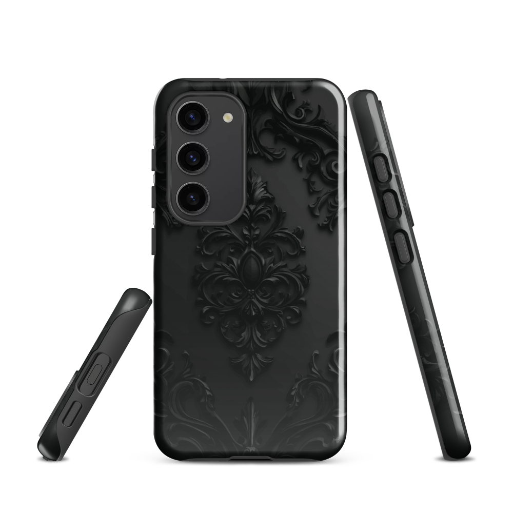 Black embossed damask phone case with gothic baroque pattern.