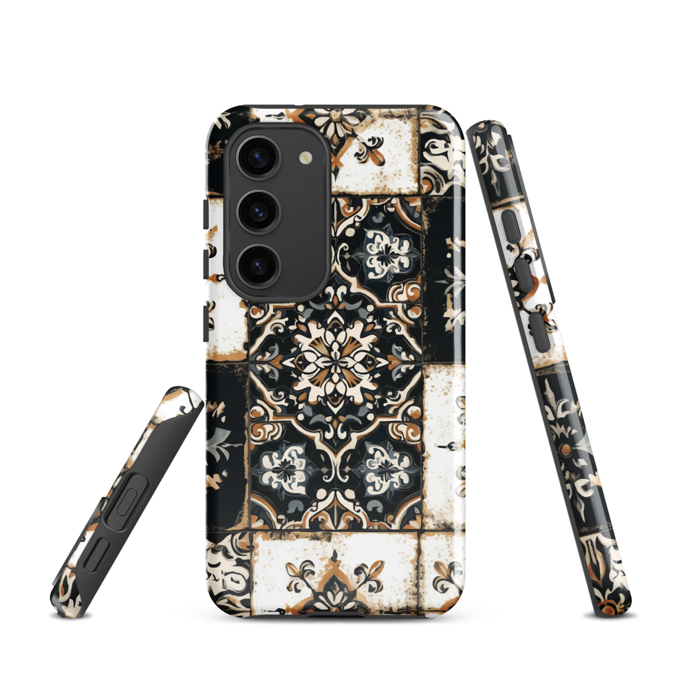 Moroccan tile pattern phone case in black, white, and gold tones with vintage-inspired design.