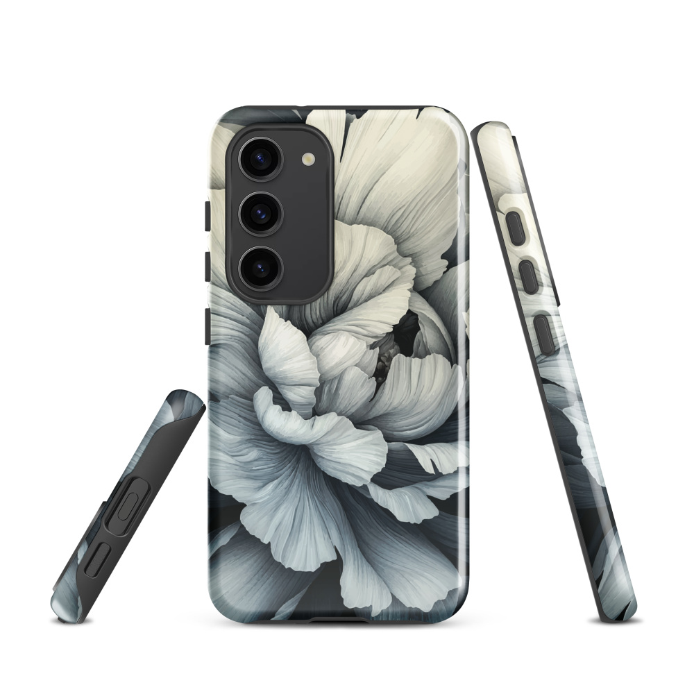 Black and white floral phone case featuring a soft, moody peony design by New Zealand artist Ben Hart.