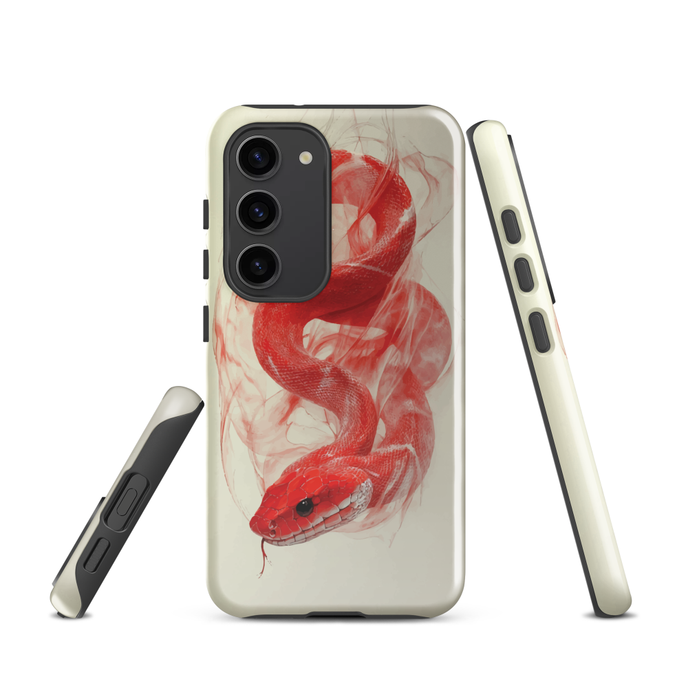 Phone case with red snake design on a cream background, coiled in smoky detail. Bold artwork by NZ designer Ben Hart.