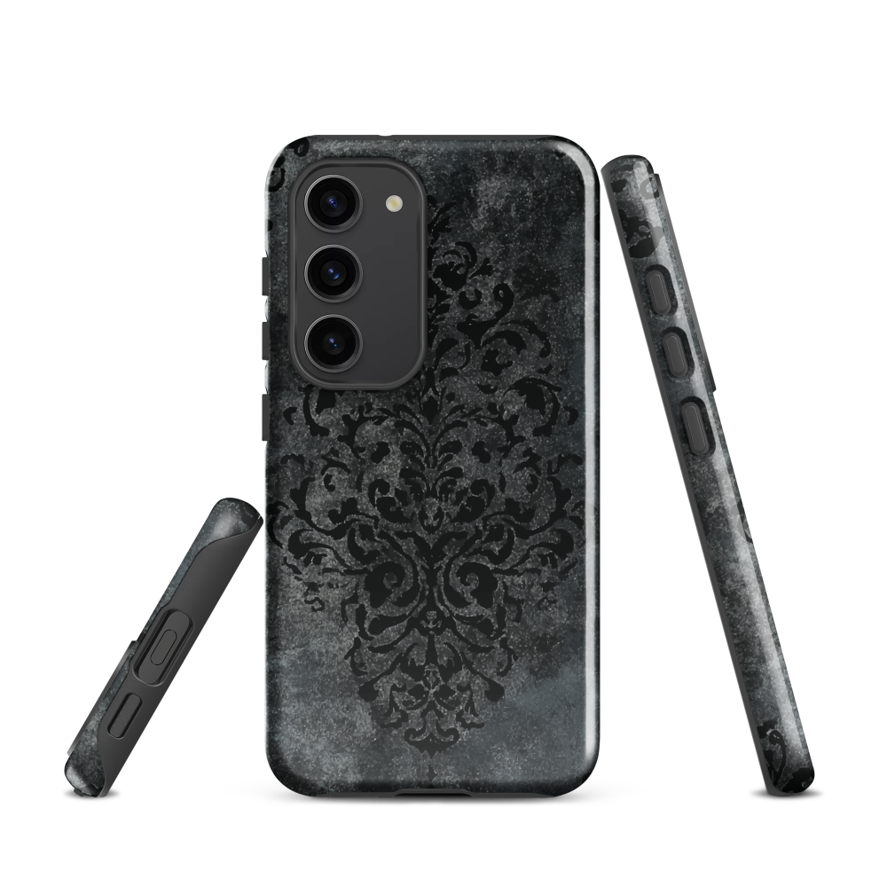 Dark damask patterned phone case with a vintage gothic aesthetic and textured stone background.