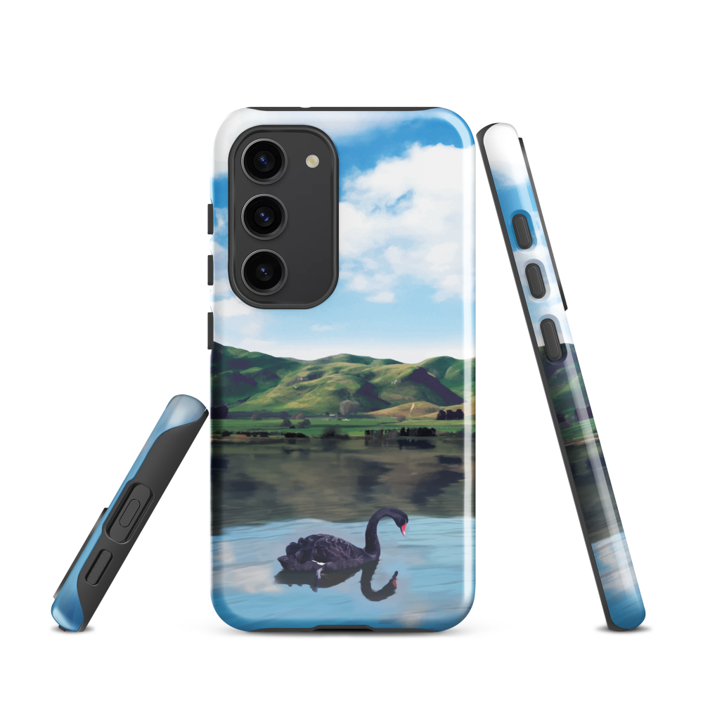Phone case with a black swan on a calm lake, New Zealand hills in the background. Art by NZ designer Ben Hart.