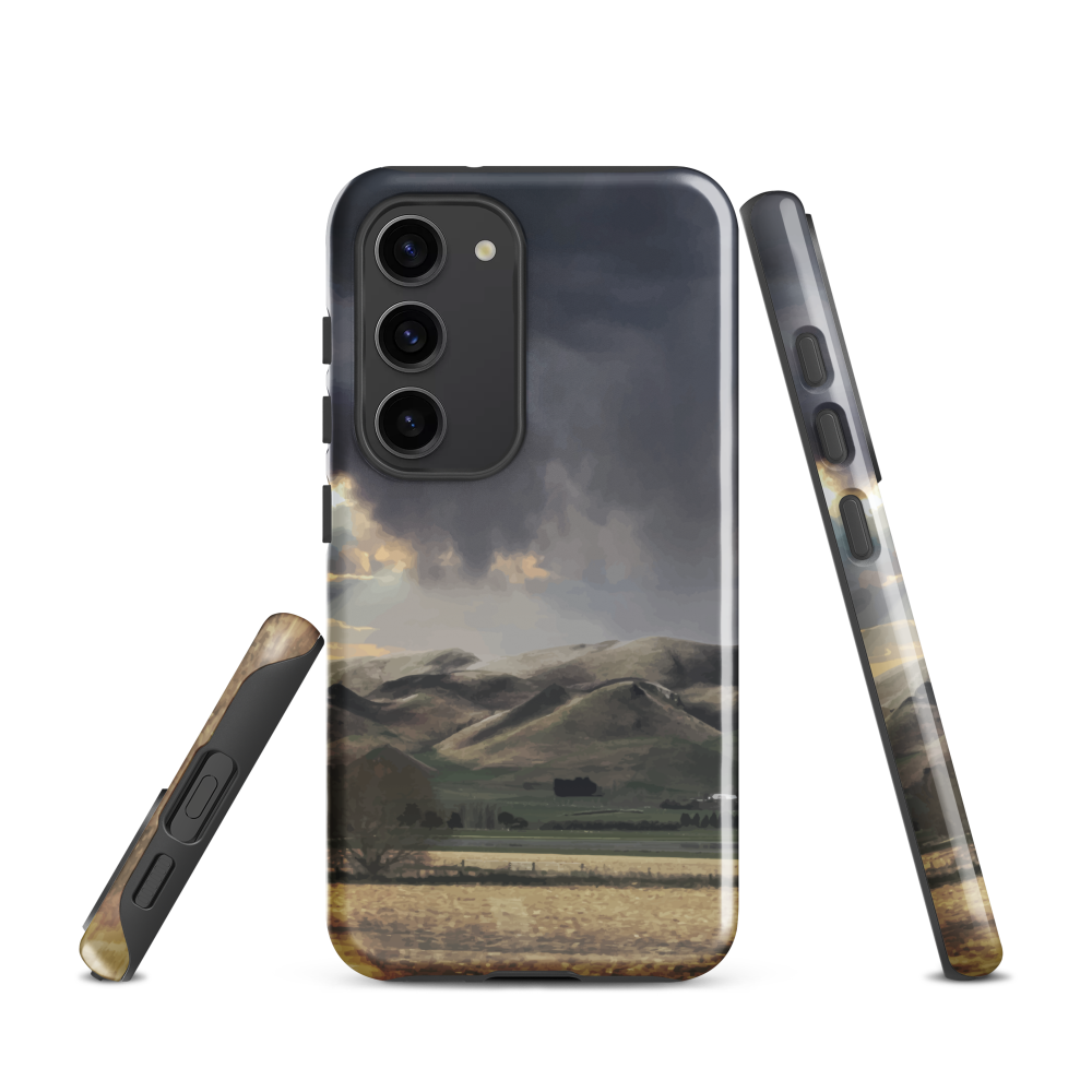Designer phone case with NZ landscape painting of Te Hauke and cloudy skies by Ben Hart.