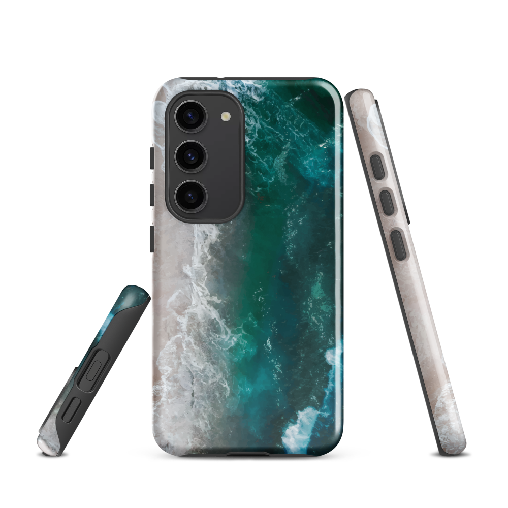 Ocean wave phone case with abstract beach design in teal and white, by NZ artist Ben Hart.