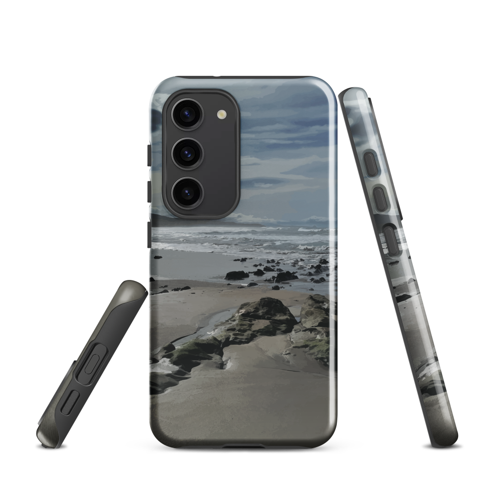 Phone case with artwork of Riversdale Beach, Masterton – rocks, waves and sky by NZ artist Ben Hart.