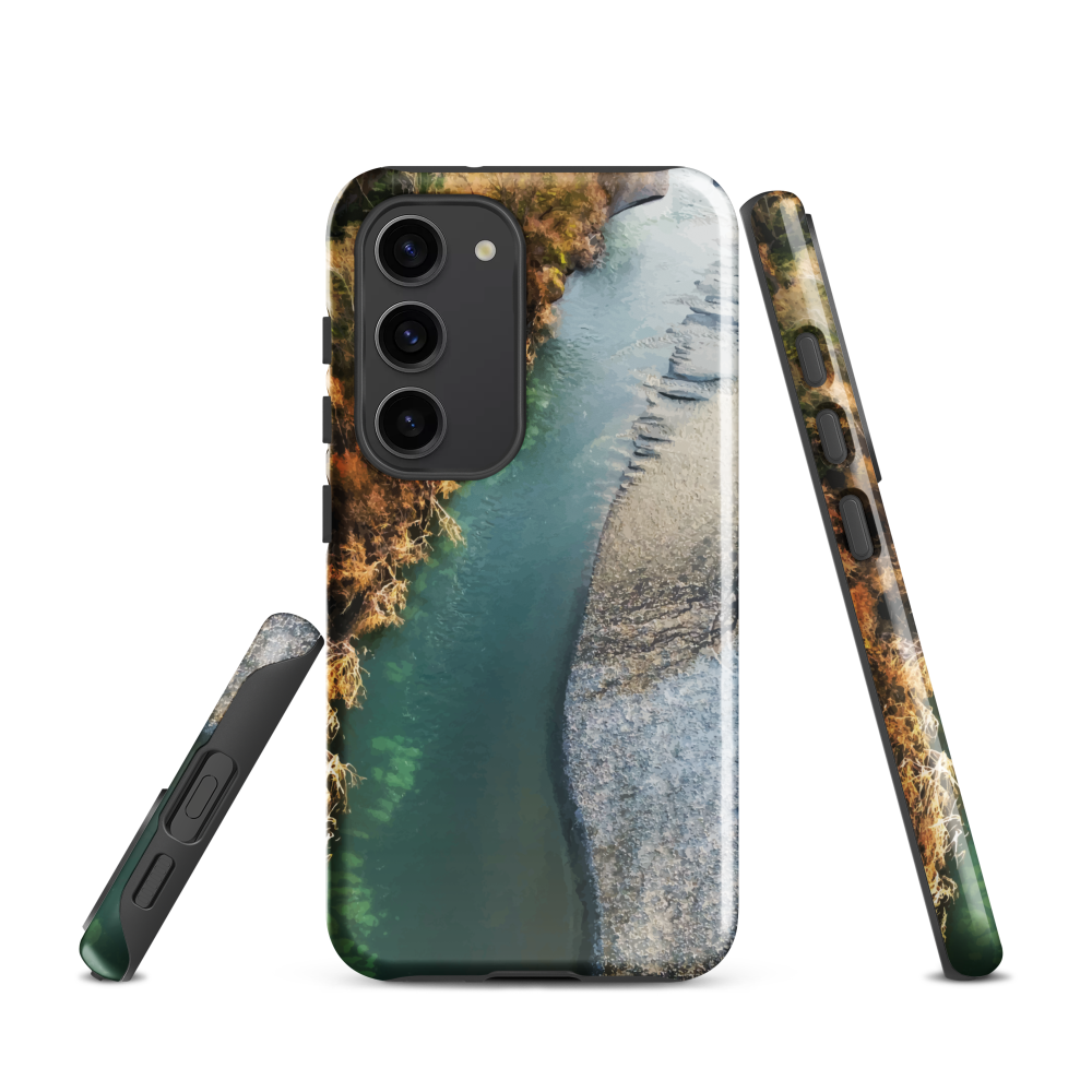 Phone case with aerial riverbend artwork and earthy tones, designed by New Zealand artist Ben Hart.