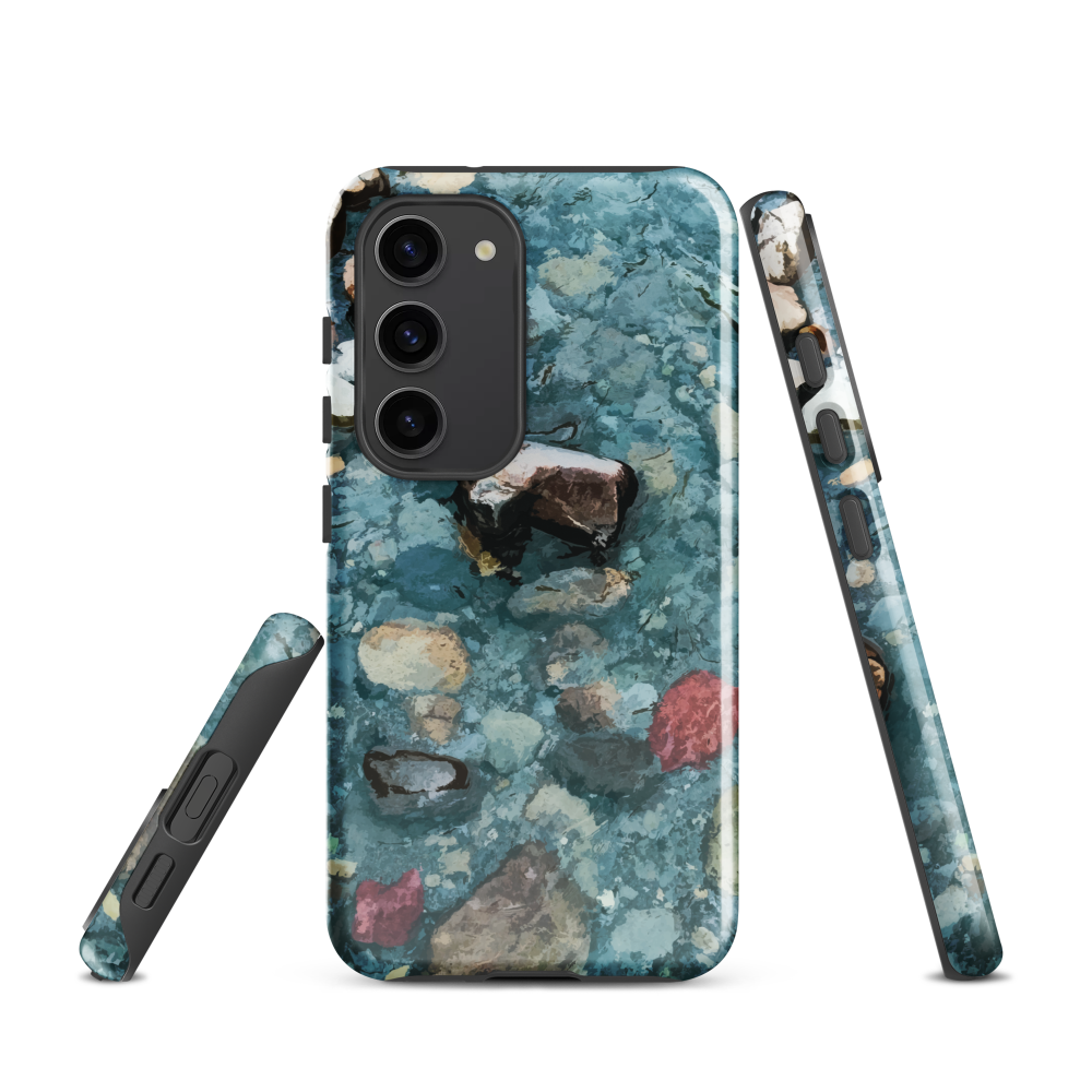 Washed Away designer phone case with abstract river stone artwork in earthy blues and natural tones.