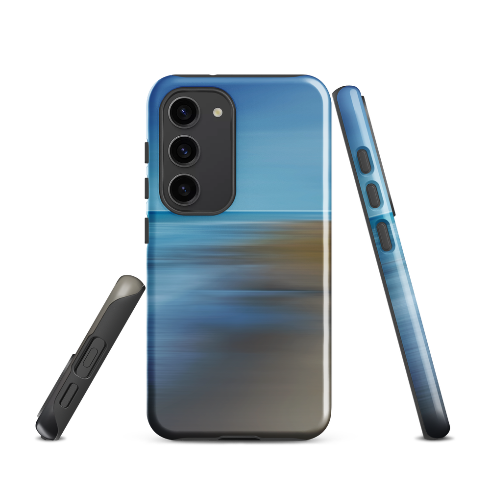 Ocean Breeze phone case with abstract blue and sandy tones inspired by sea and sky.