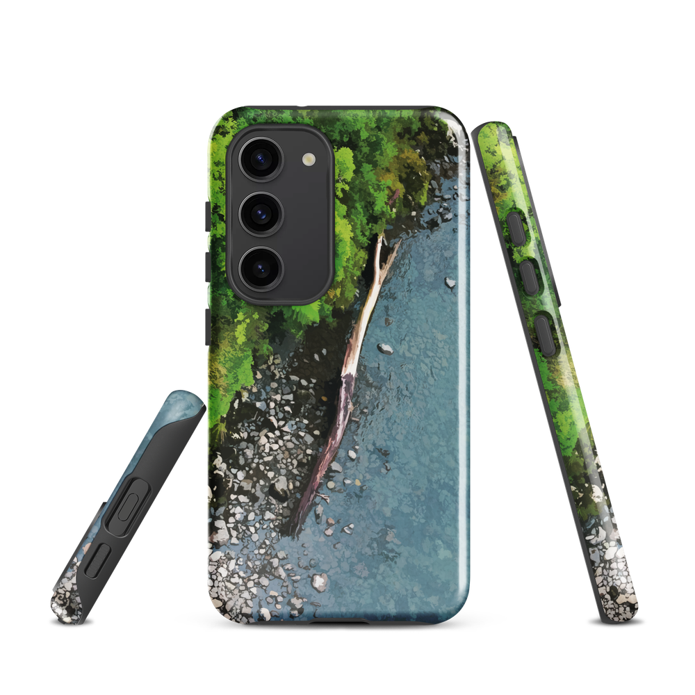 Resting Place phone case with aerial artwork of river rocks, green bush, and driftwood in a New Zealand stream.