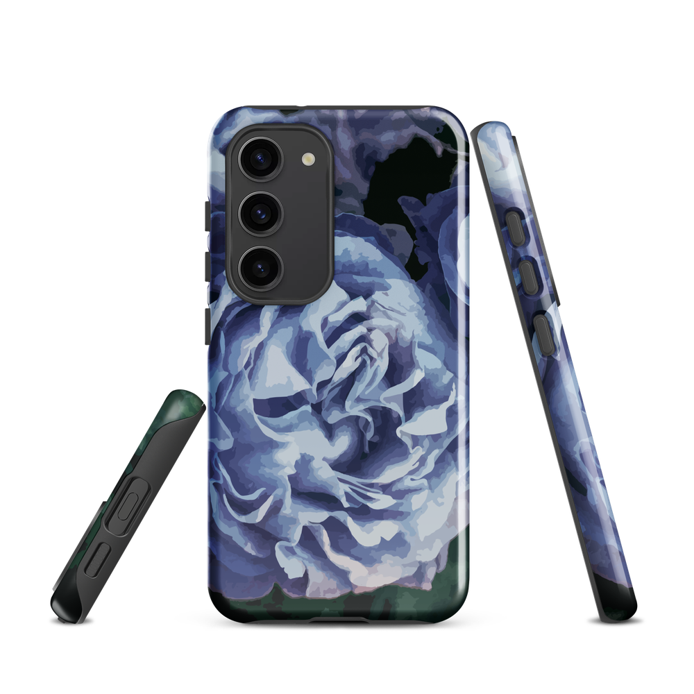 Designer phone case with a bold blue rose artwork and glossy finish.