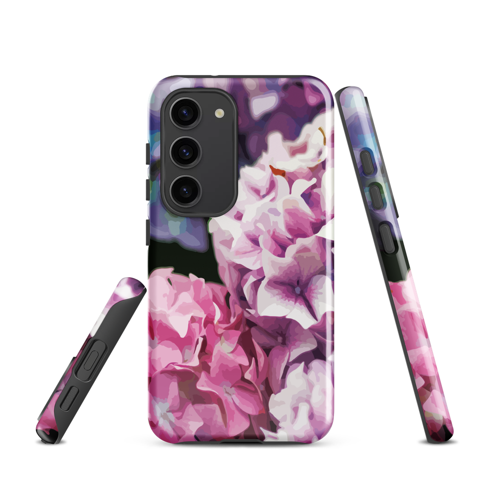 Designer phone case with pink and purple hydrangea floral artwork.