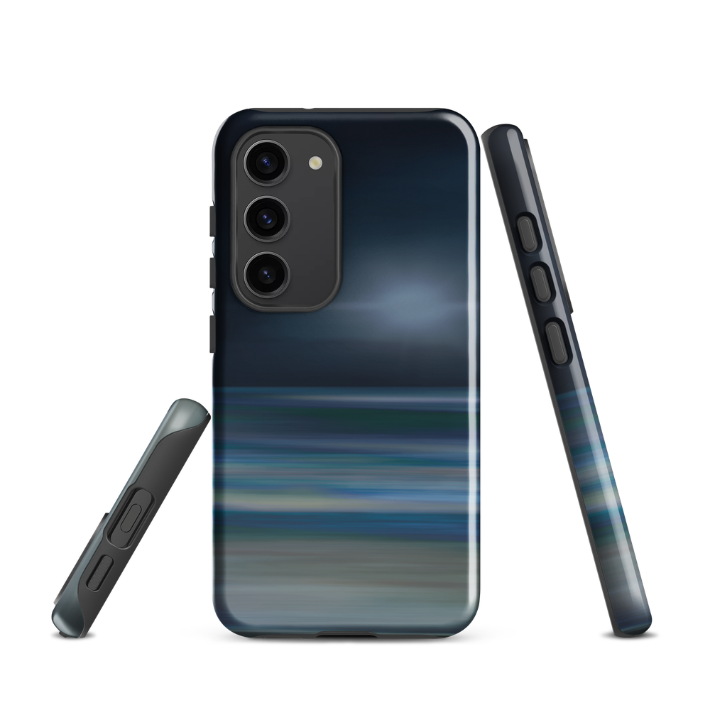 Dark abstract phone case with blue and grey streaks and glossy finish.