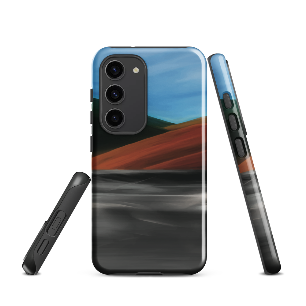 Phone case with abstract red, green, and blue heat wave landscape design.