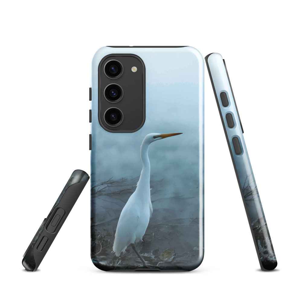 Phone case with a white heron standing in a misty wetland scene.