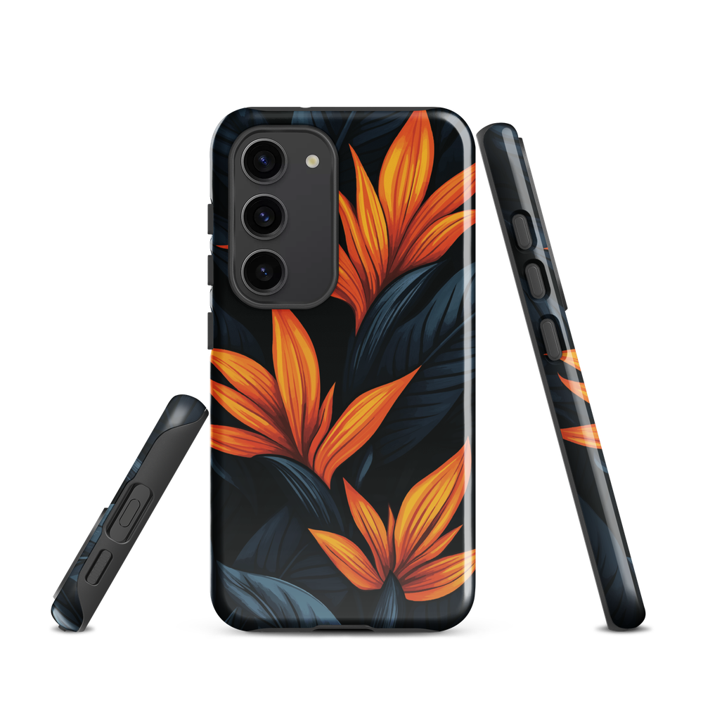 Phone case with bold orange bird of paradise flowers on dark background.