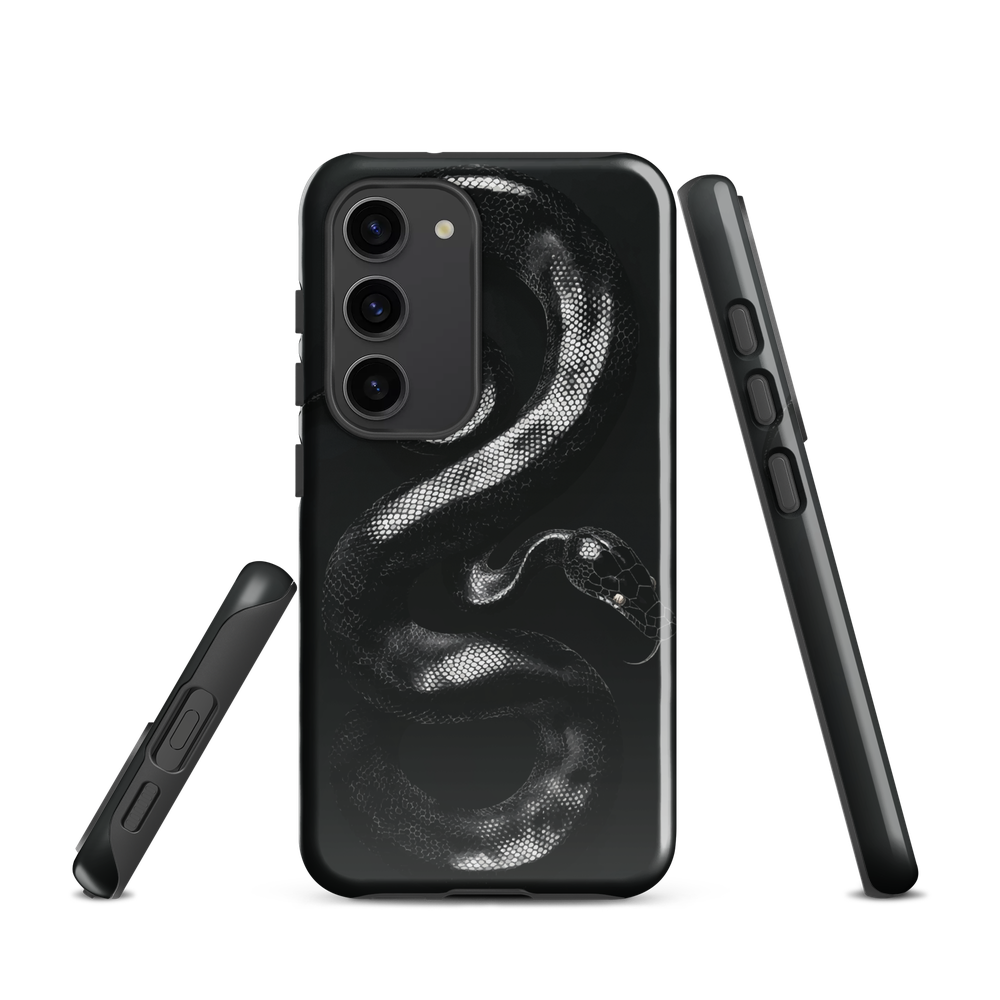 Phone case with detailed black python design on dark background.