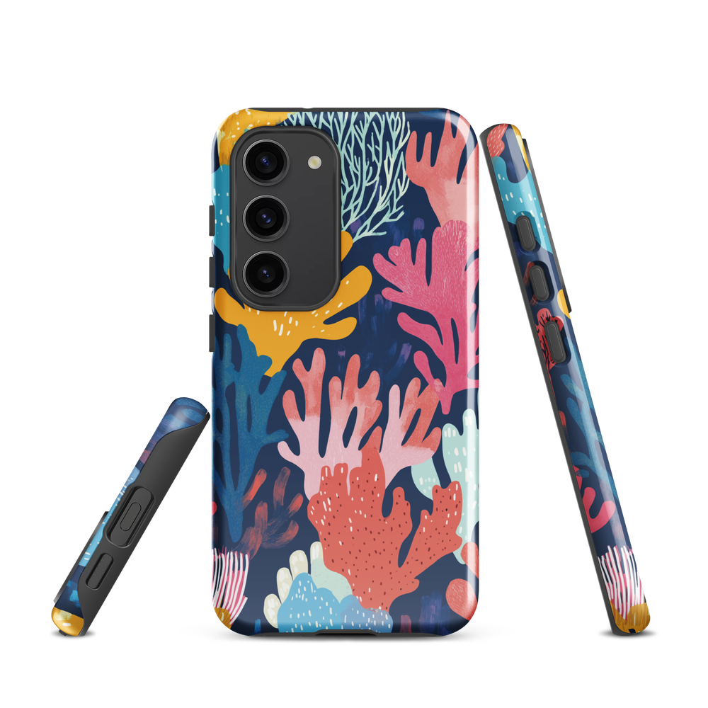 Colourful coral reef phone case design in pink, blue and yellow by NZ artist Ben Hart
