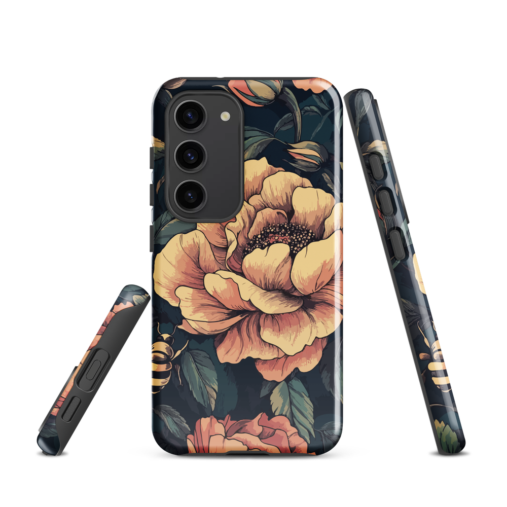 Phone case with vintage-style pink roses and bees on dark background, floral New Zealand artwork.