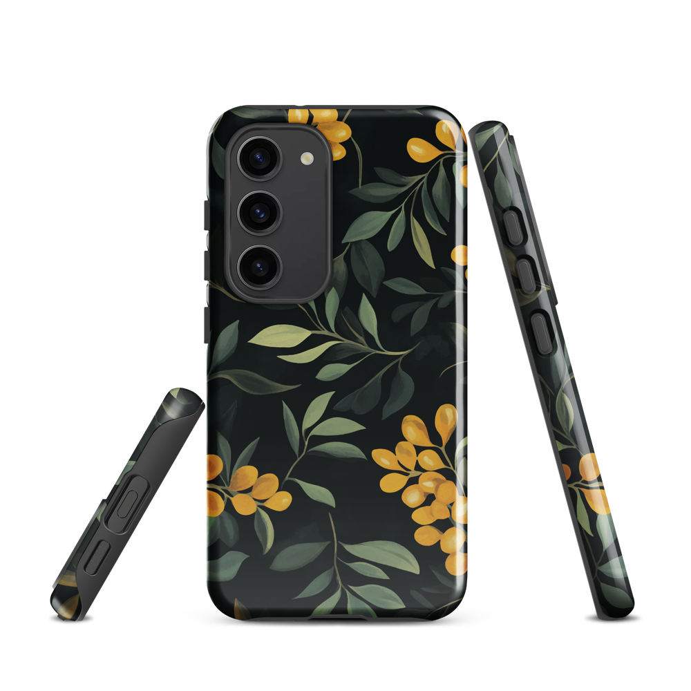 NZ Kowhai phone case with native yellow floral and green leaves on black background by designer Ben Hart.