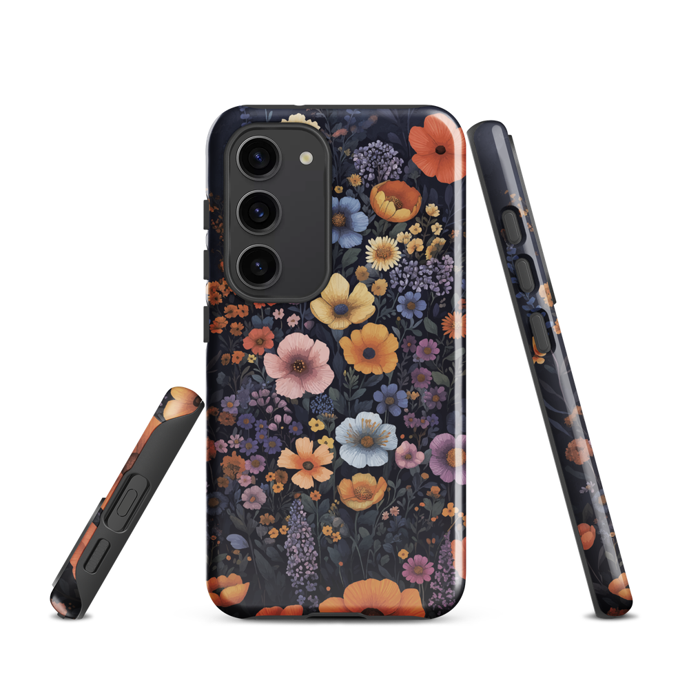 Phone case with colourful wildflowers on dark background, floral art design