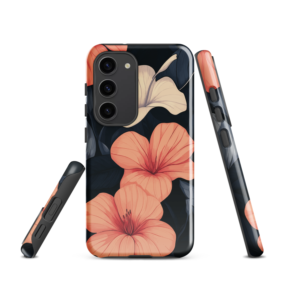 Phone case with coral hibiscus flowers and ivory blooms on dark background