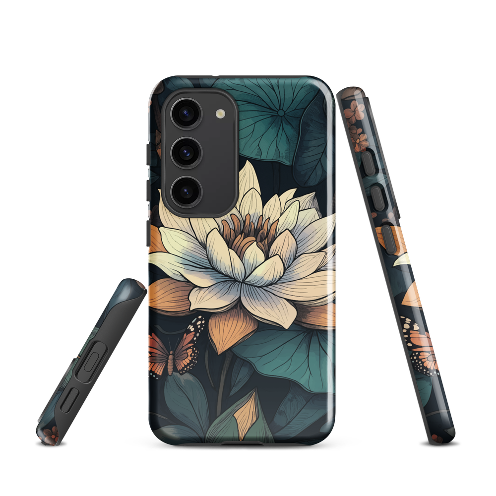 Phone case with ivory water lily, green leaves, and butterfly accents on dark background