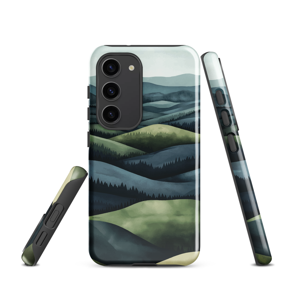 Phone case with layered mountain and forest landscape in blue and green hues