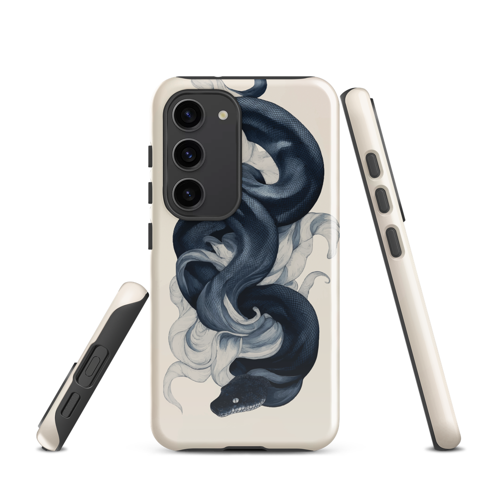 Phone case with black python and smoke design on cream background, serpent art by NZ artist Ben Hart.