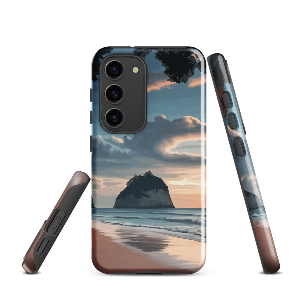 Phone case with Cathedral Cove beach and sunset scene, featuring soft skies and sea stack, by NZ artist Ben Hart.