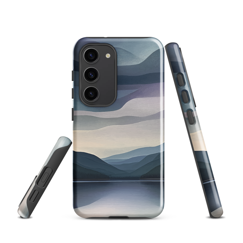 Phone case with moody blue and purple layered mountain and lake landscape artwork